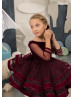 Burgundy Velvet Tulle Pearls Embellished Flower Girl Dress Burgundy Velvet Tulle Pearls Embellished Flower Girl Dress